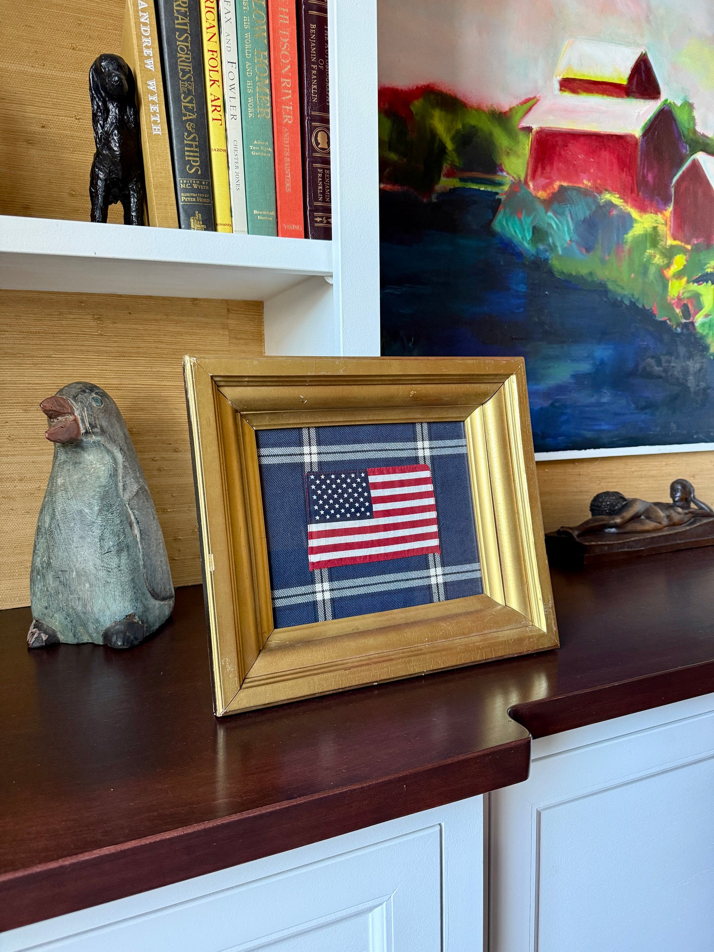 Vintage 50 Star American Parade Flag on Navy Windowpane Fabric in Antique Gold Frame