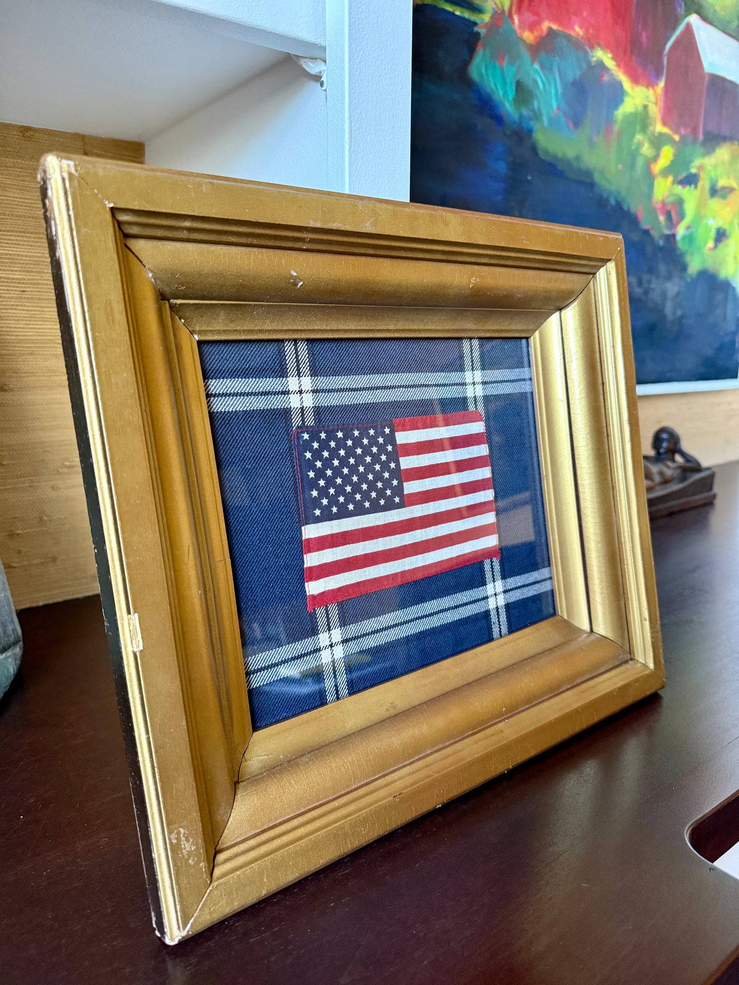 Vintage 50 Star American Parade Flag on Navy Windowpane Fabric in Antique Gold Frame