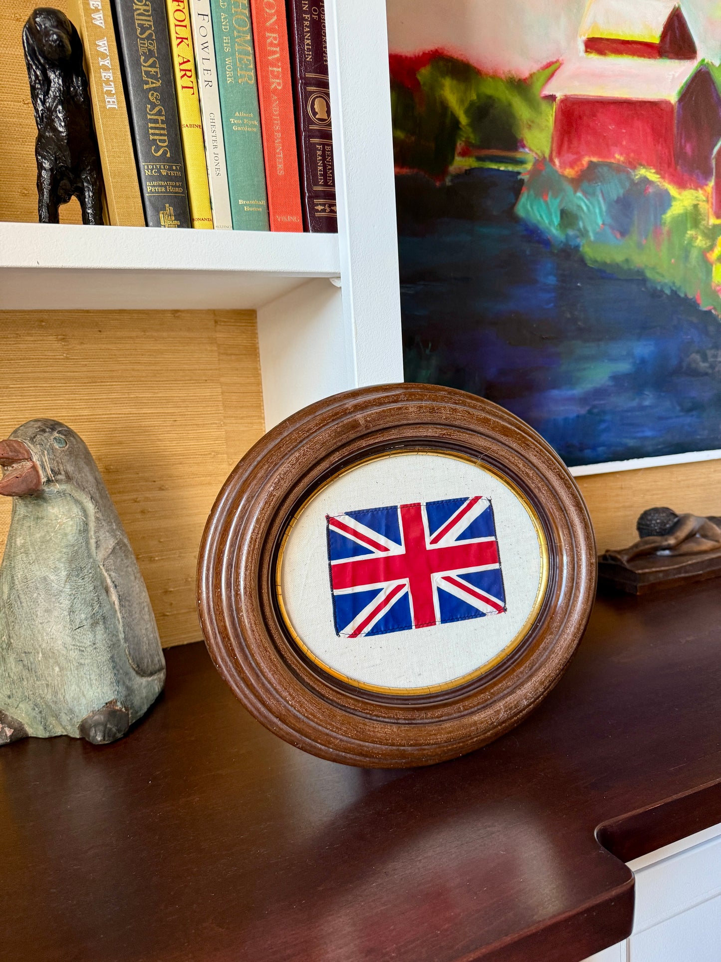 Vintage Union Jack British Parade Flag on Duck Cloth in Antique Oval Wood Frame