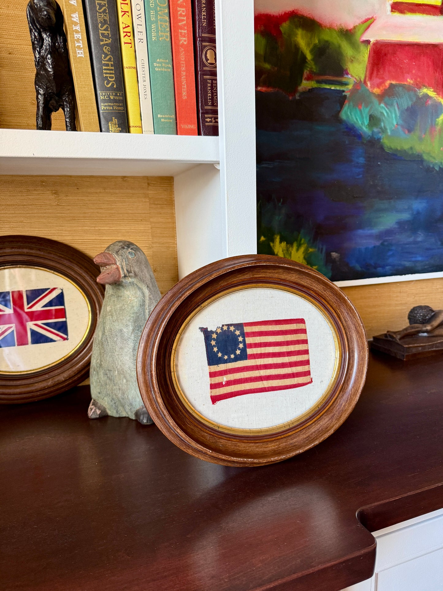 Vintage 13 Star American Betsy Ross Parade Flag on Duck Cloth in Antique Oval Wood Frame
