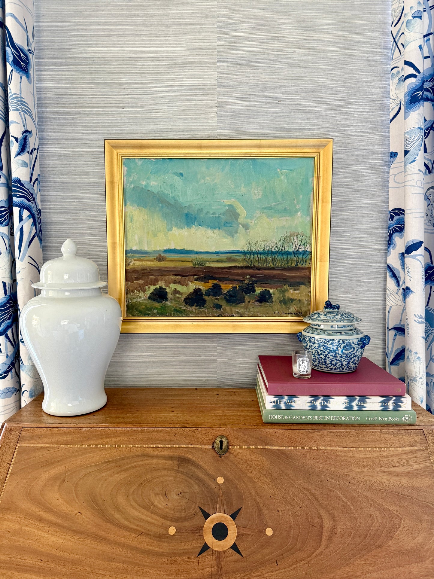 1961 Expressionist Blue Green Landscape Oil Painting in Gold Frame