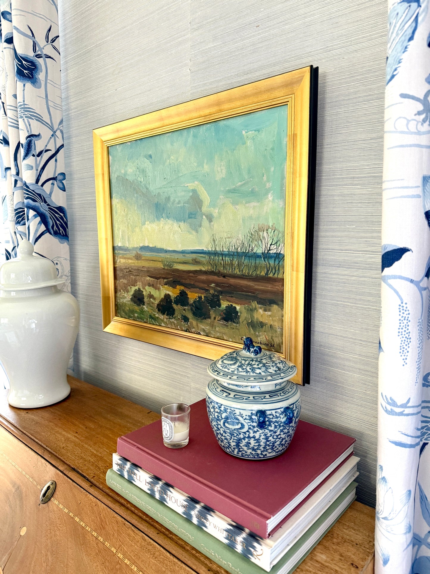 1961 Expressionist Blue Green Landscape Oil Painting in Gold Frame