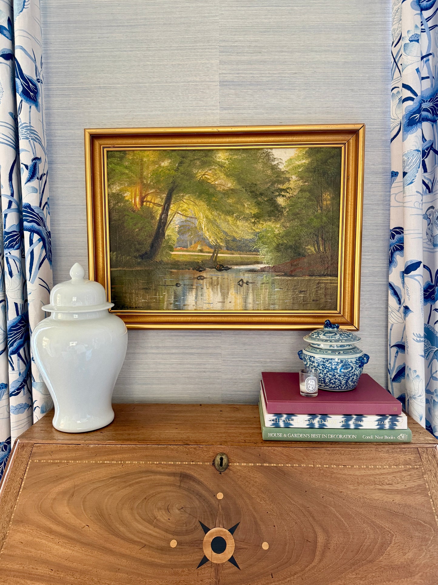 Axel Johansen Early 20th c. Serene Creek and Forest Landscape Oil Painting in Gold Frame