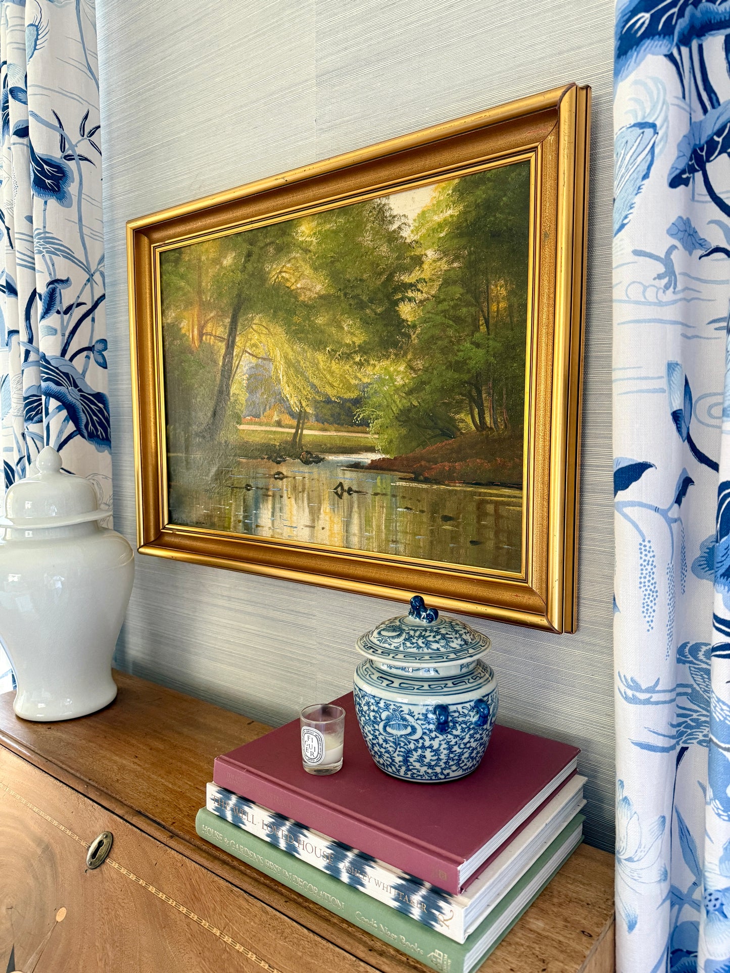 Axel Johansen Early 20th c. Serene Creek and Forest Landscape Oil Painting in Gold Frame