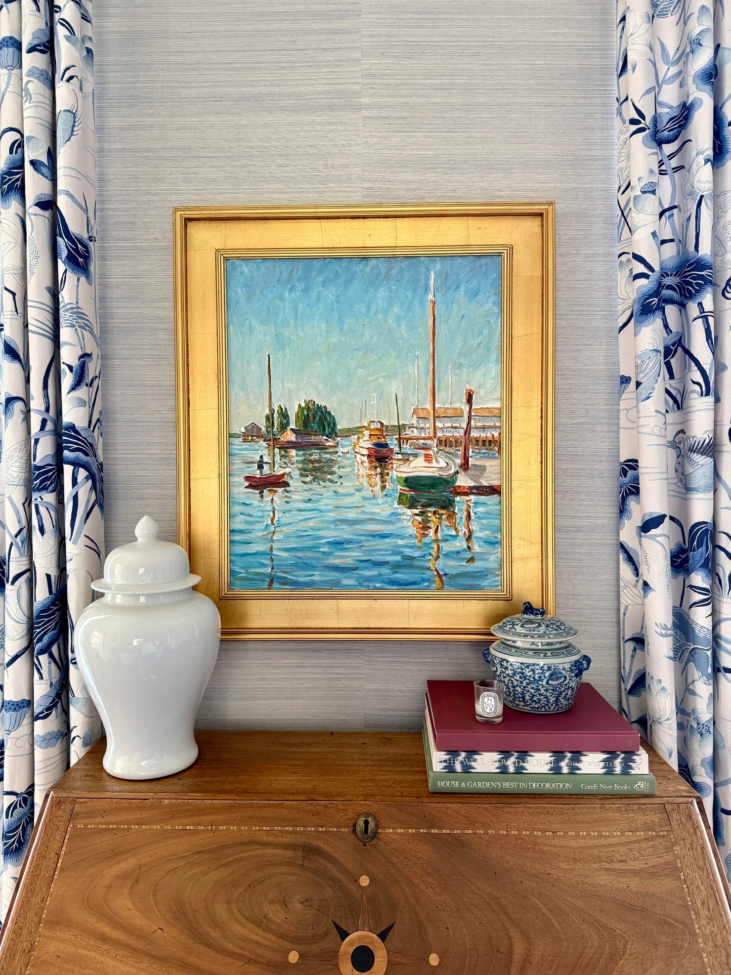 Edmund Jordan Impressionist East Coast Boats in Harbor Seascape Oil Painting in Gold Frame