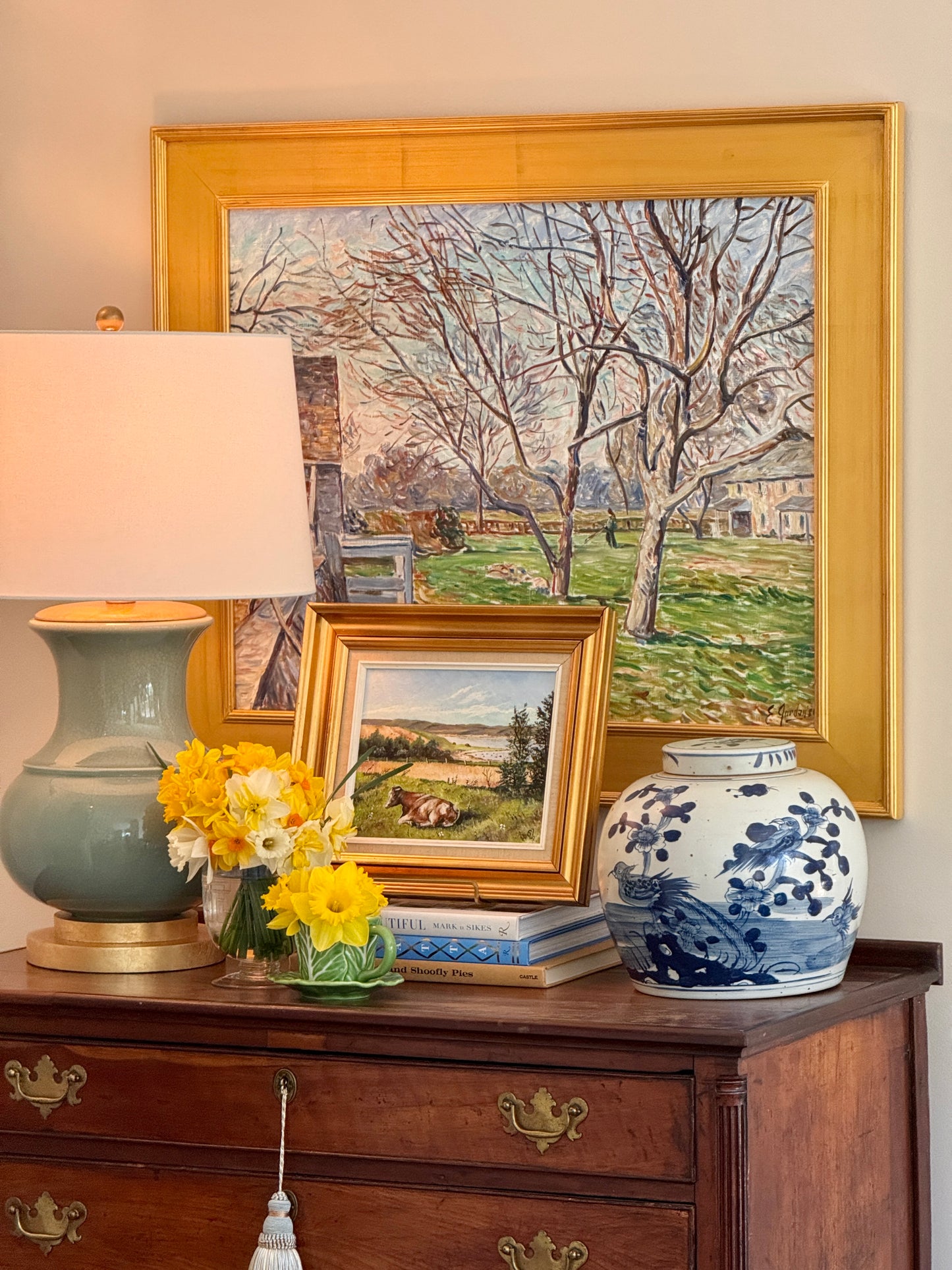 Edmund Jordan March Landscape at Hope Lodge Montgomery County Pennsylvania Oil Painting in Gold Frame