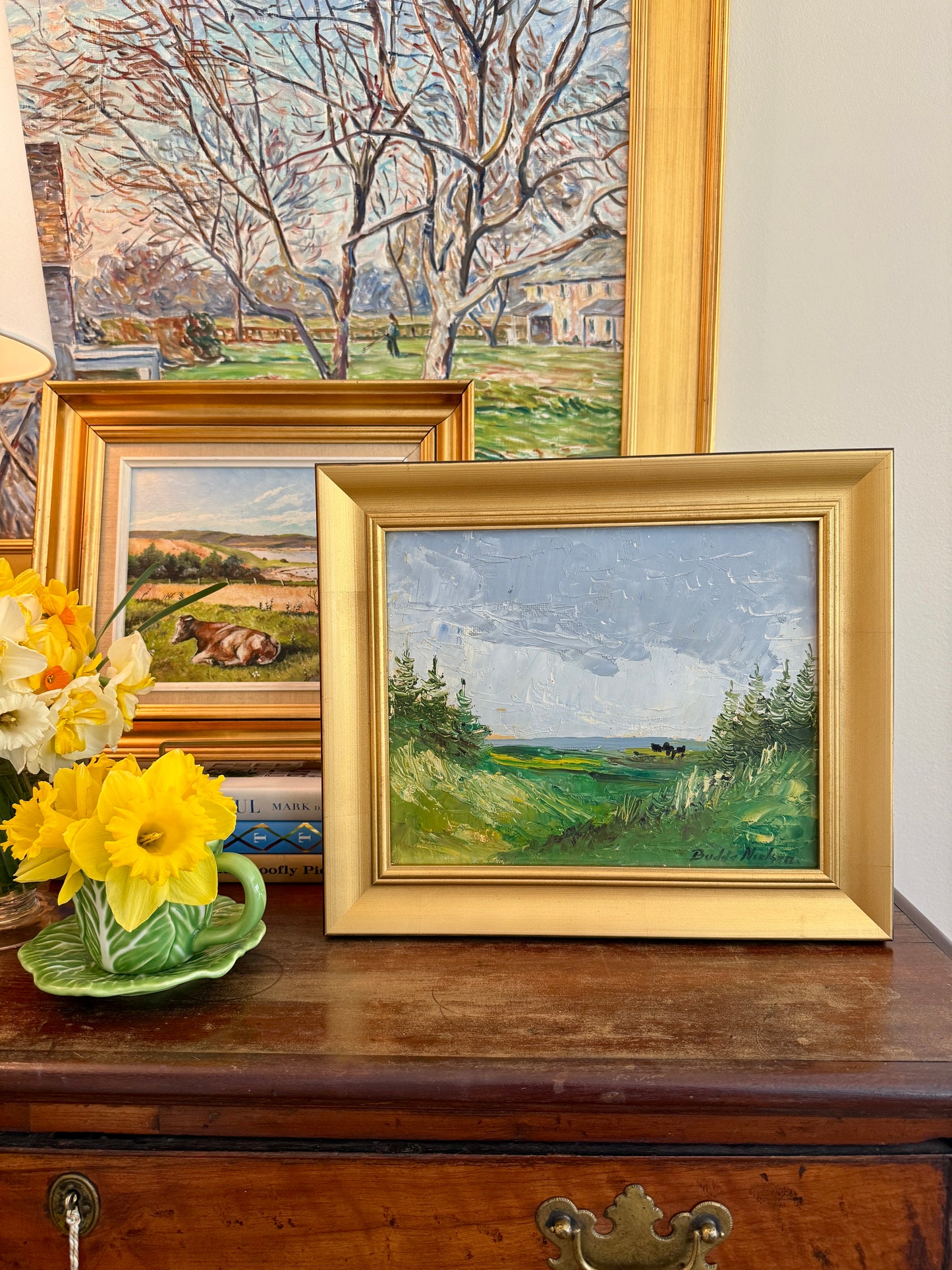Vintage Expressionist Blue Green Landscape with Cows in Gold Frames