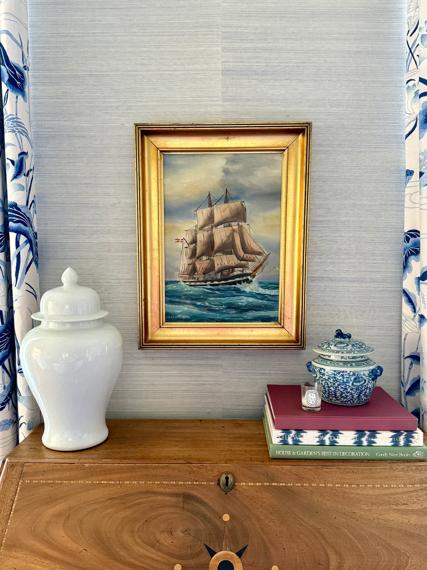 Early 20th Century Clipper Ship Seascape Portrait Oil Painting in Gold Frame