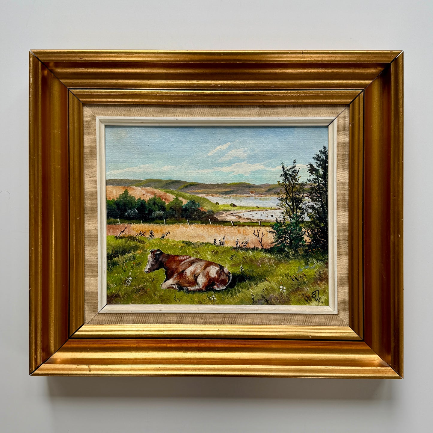 Vintage Cow in Waterside Meadow Landscape Oil Painting in Gold Frame