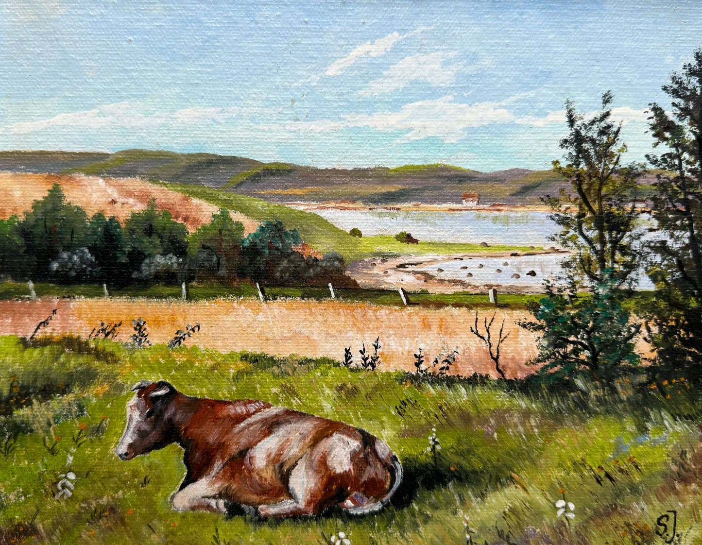 Vintage Cow in Waterside Meadow Landscape Oil Painting in Gold Frame