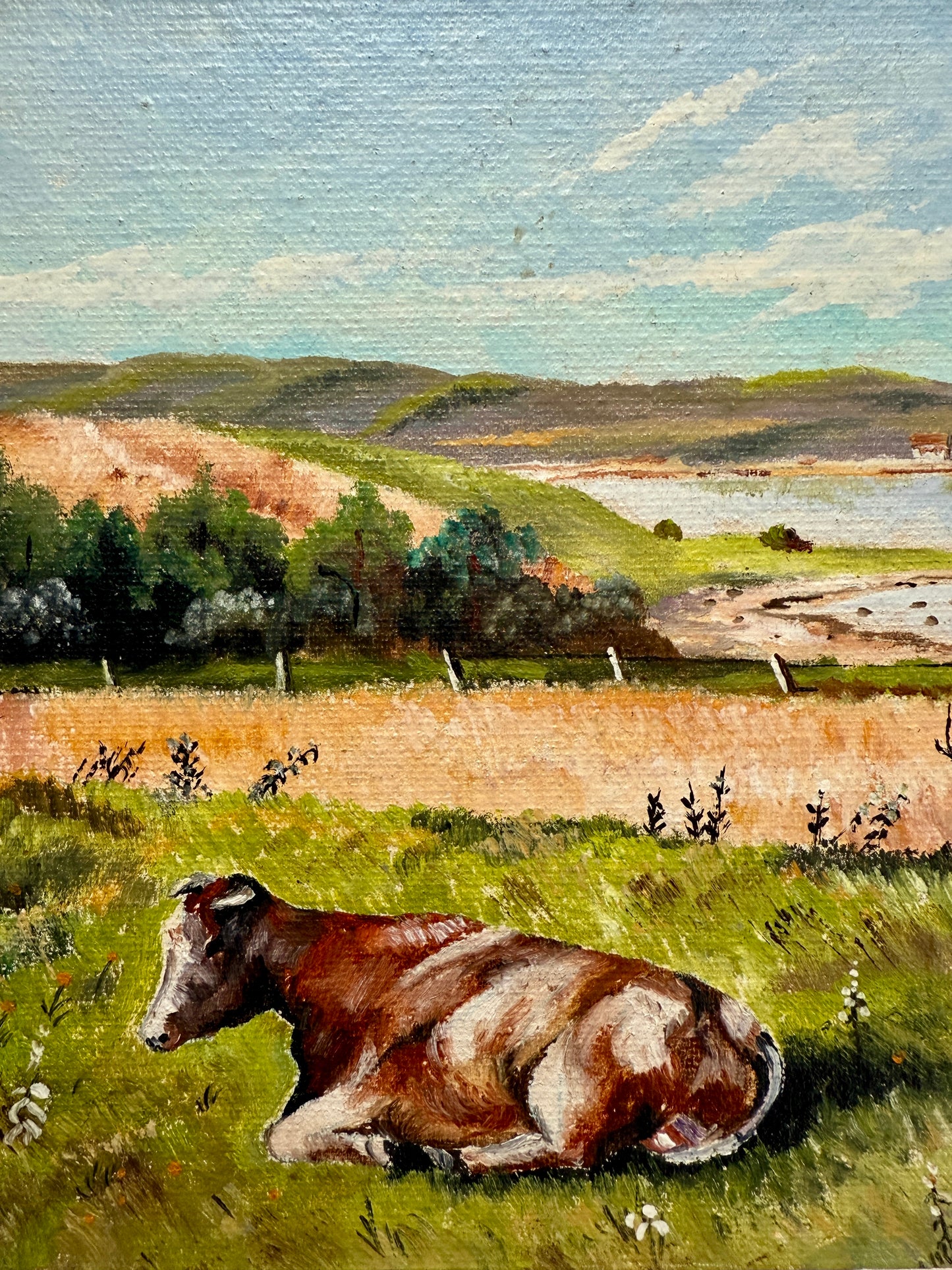 Vintage Cow in Waterside Meadow Landscape Oil Painting in Gold Frame