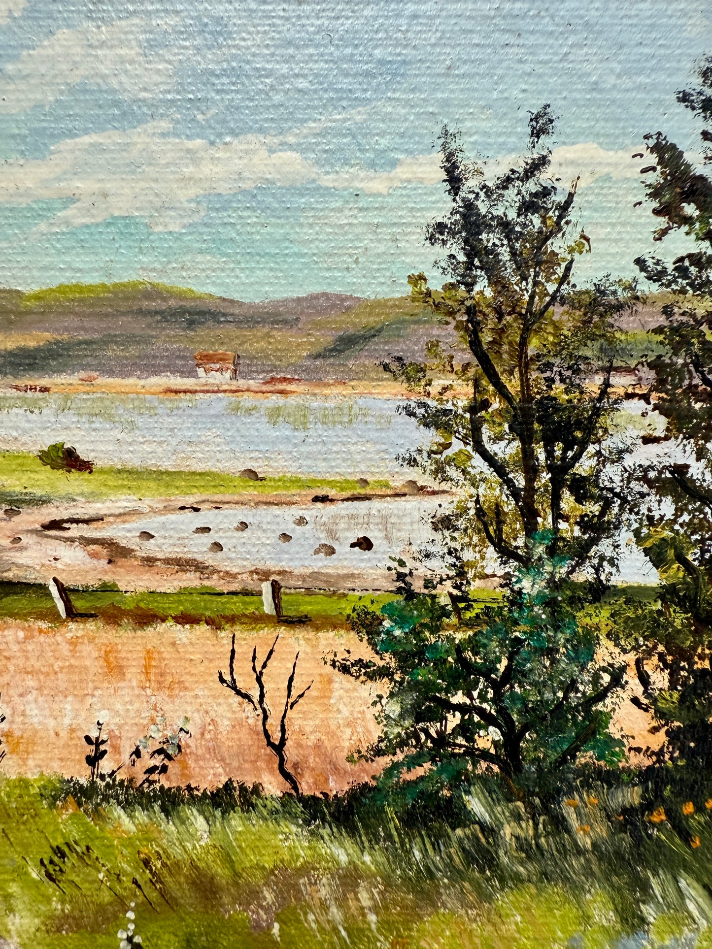 Vintage Cow in Waterside Meadow Landscape Oil Painting in Gold Frame