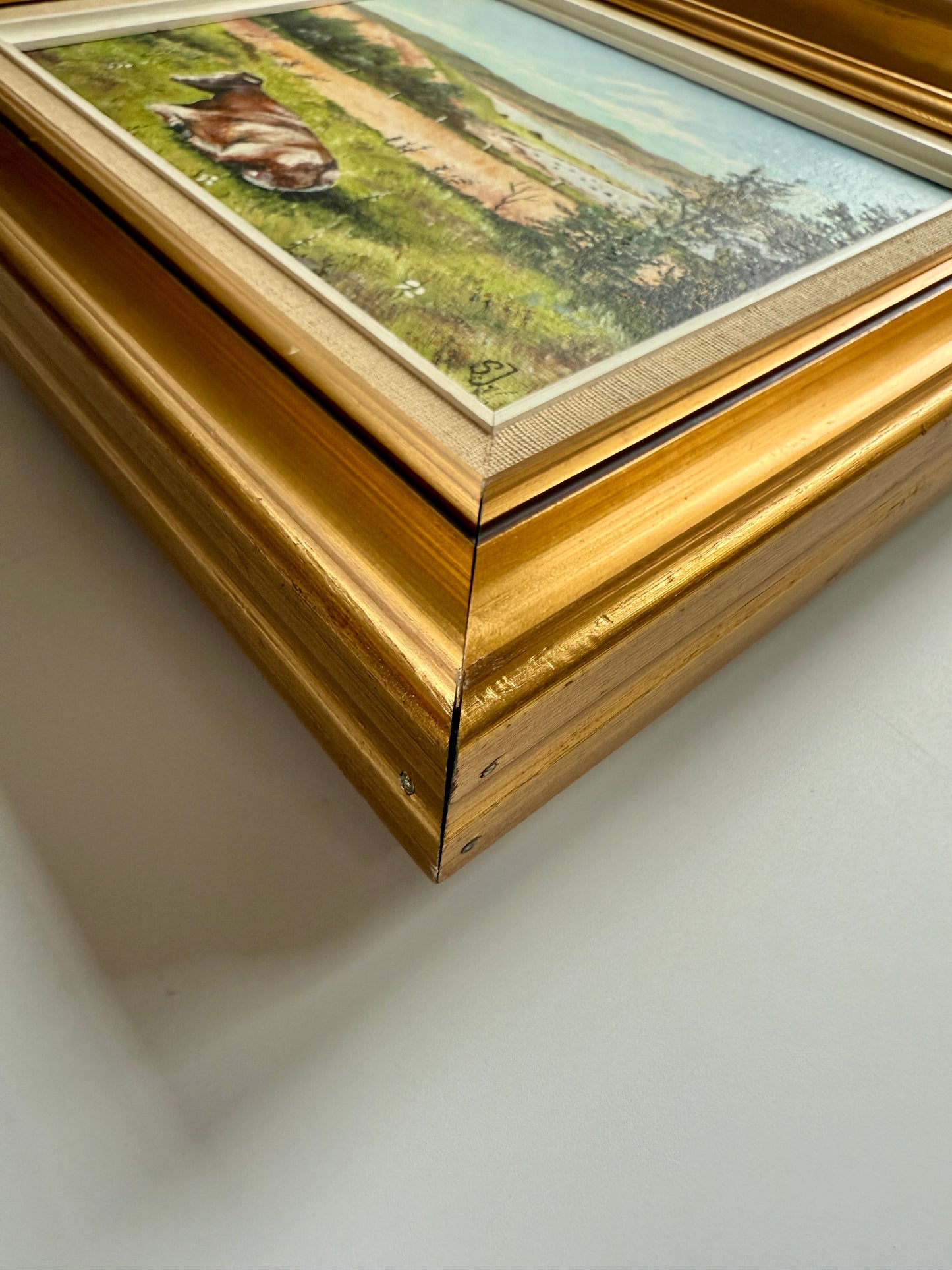 Vintage Cow in Waterside Meadow Landscape Oil Painting in Gold Frame