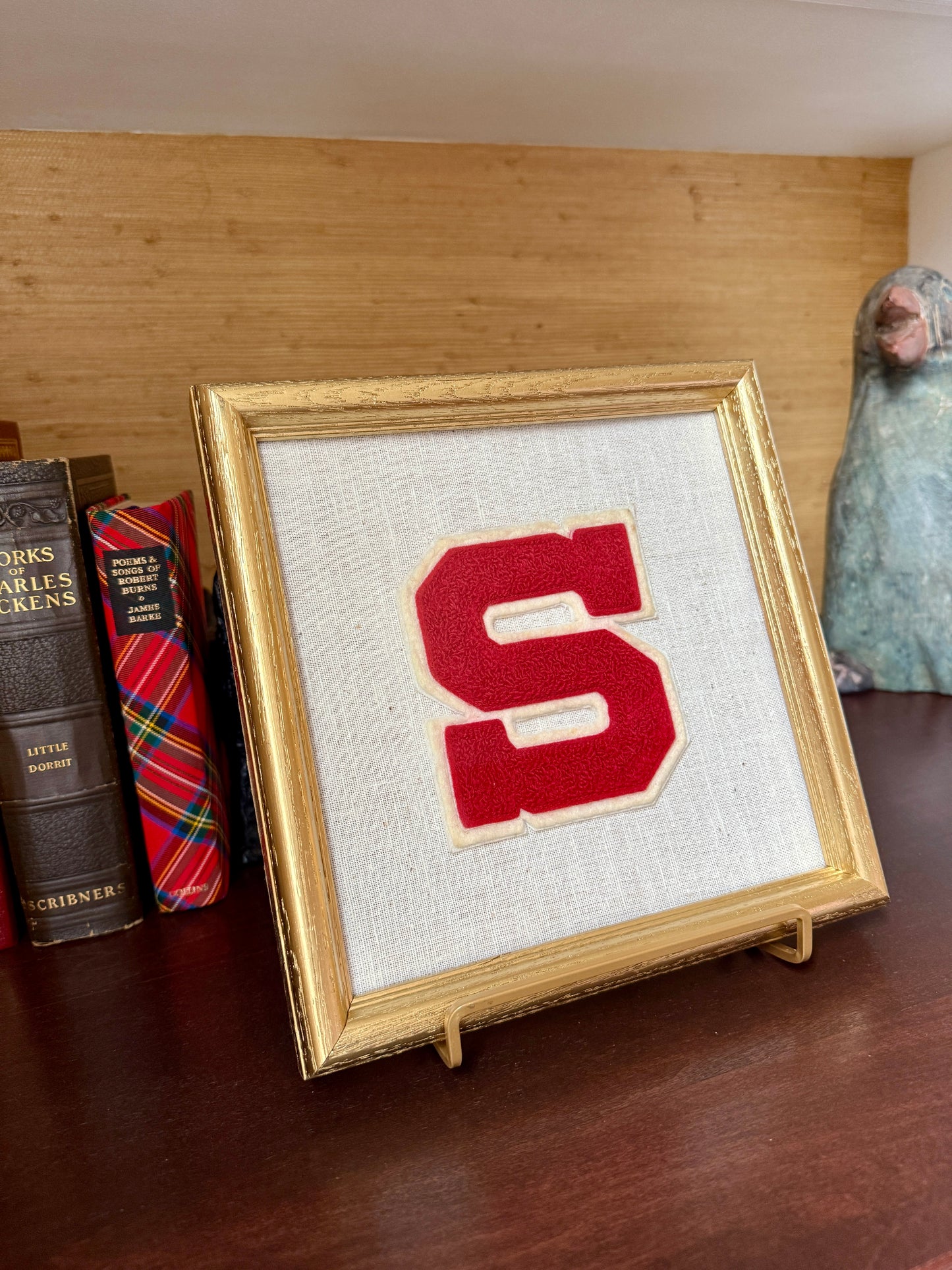 Vintage Varsity Initial Letter "S" on Natural Linen Fabric in Gold Frame