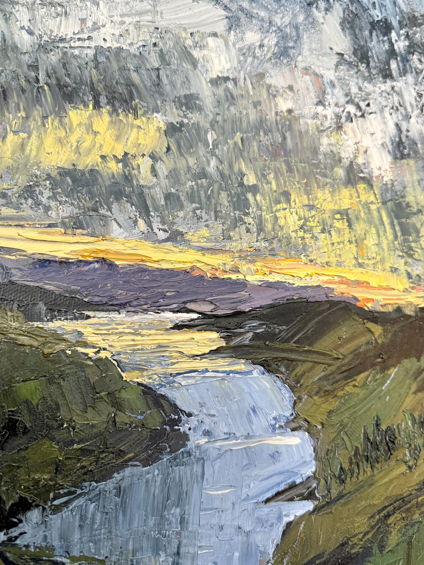 Landscape at Sunset Luminous Impasto Oil Painting in Gold Frame