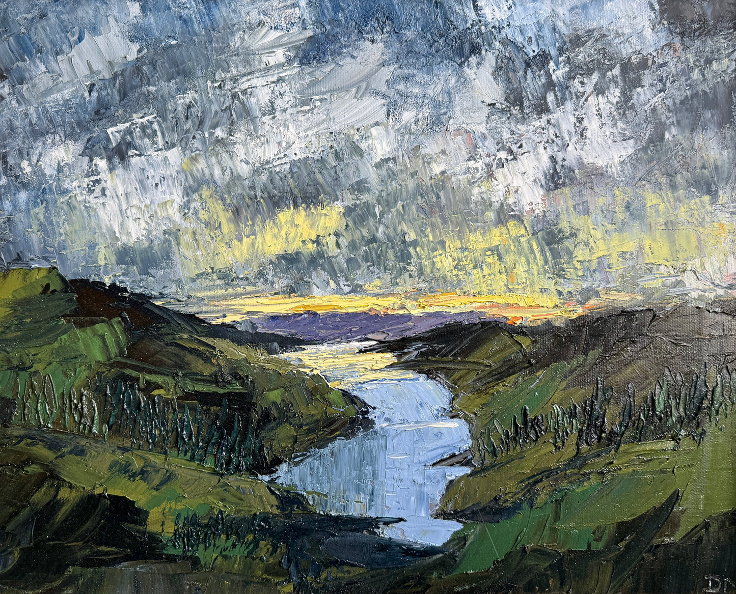 Landscape at Sunset Luminous Impasto Oil Painting in Gold Frame