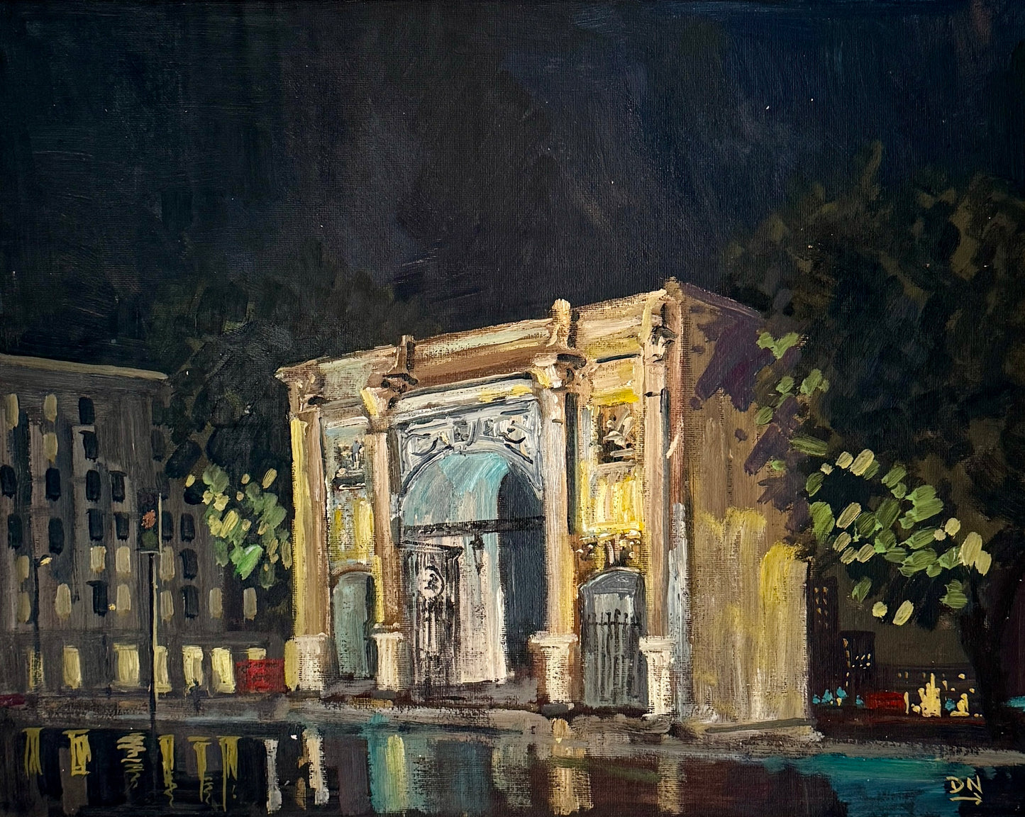 London England Marble Arch By Night Luminous Oil Painting in Gold Frame