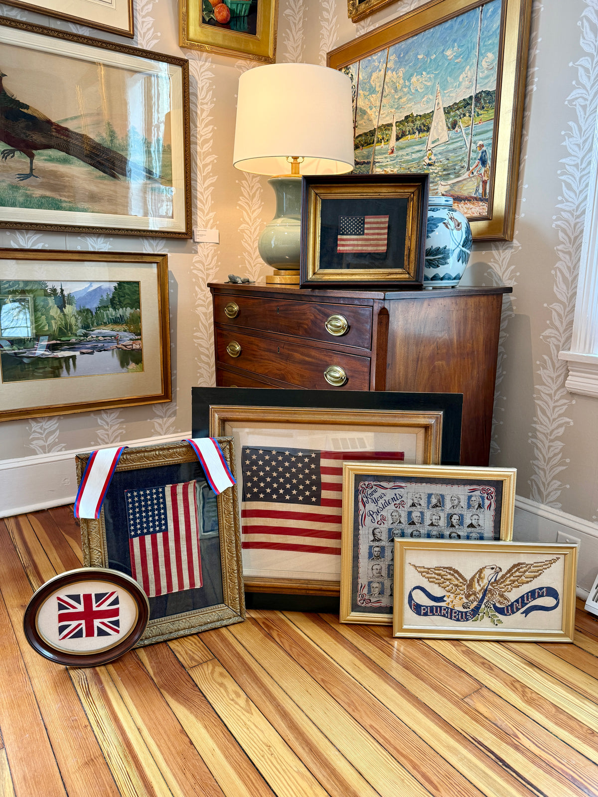Vintage Framed Americana Know Your Presidents Scalloped Scarf on Blue Twill in Gold Frame