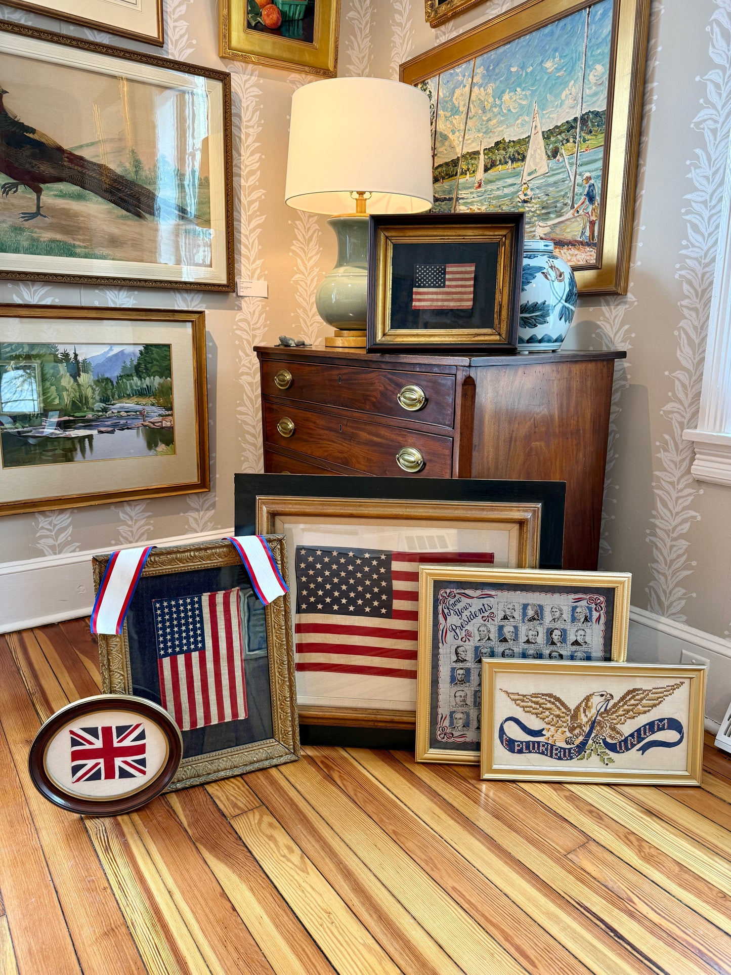 50 Star American Flag on Dark Chambray in Deep 19th Century Wood and Gilded Frame