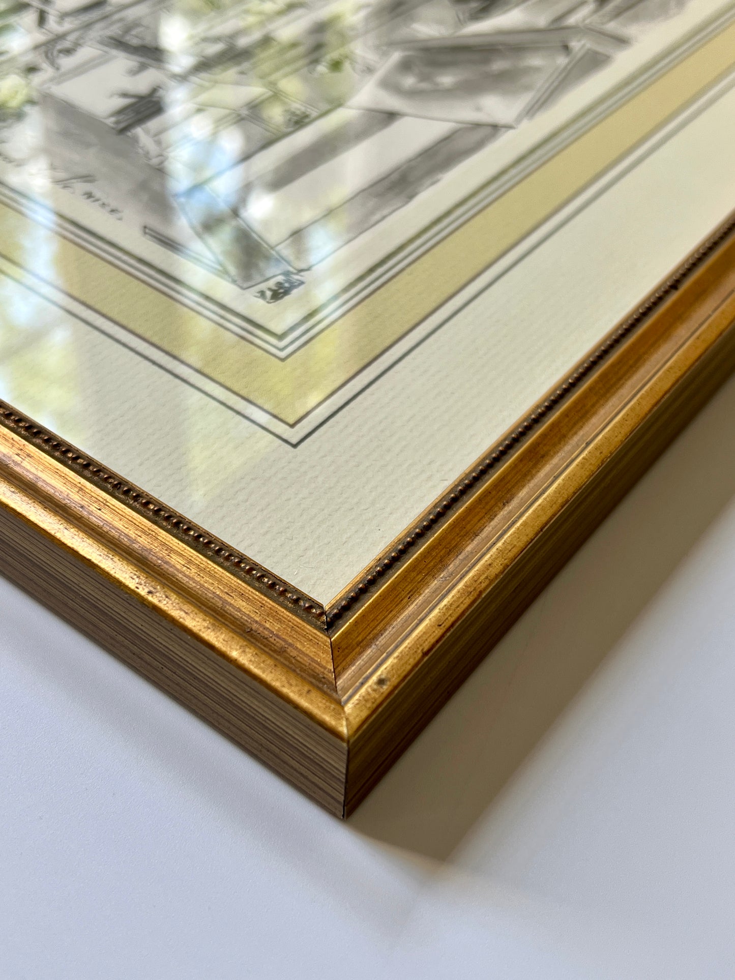 Vintage French Ink Painting Mother and Child French Cityscape Rue Francis Gallo Nice, France in Gold Frame