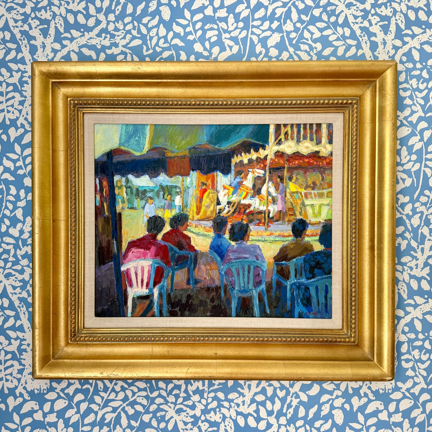 William Michaut La Fete Foraine French Carnival Carousel Scene Oil Painting in Gold Frame