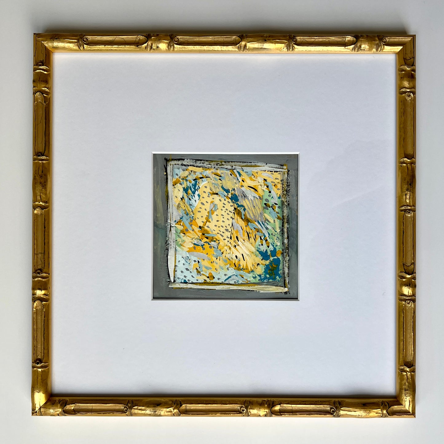 Vintage Colorful Abstract Oil Painting #1 in Light Gold Bamboo Frame