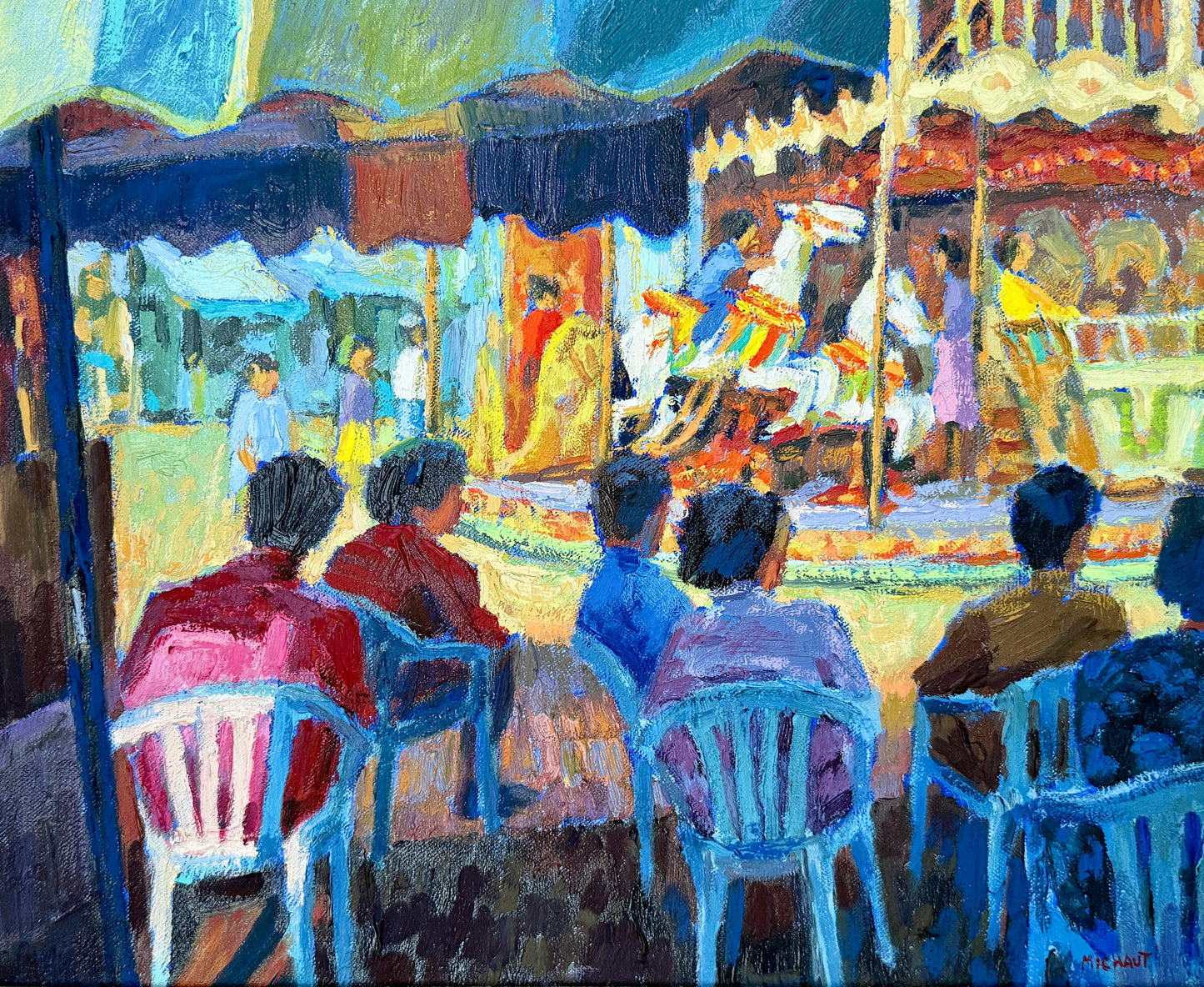 William Michaut La Fete Foraine French Carnival Carousel Scene Oil Painting in Gold Frame