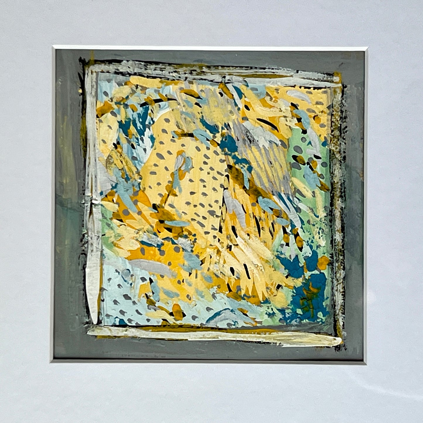 Vintage Colorful Abstract Oil Painting #1 in Light Gold Bamboo Frame