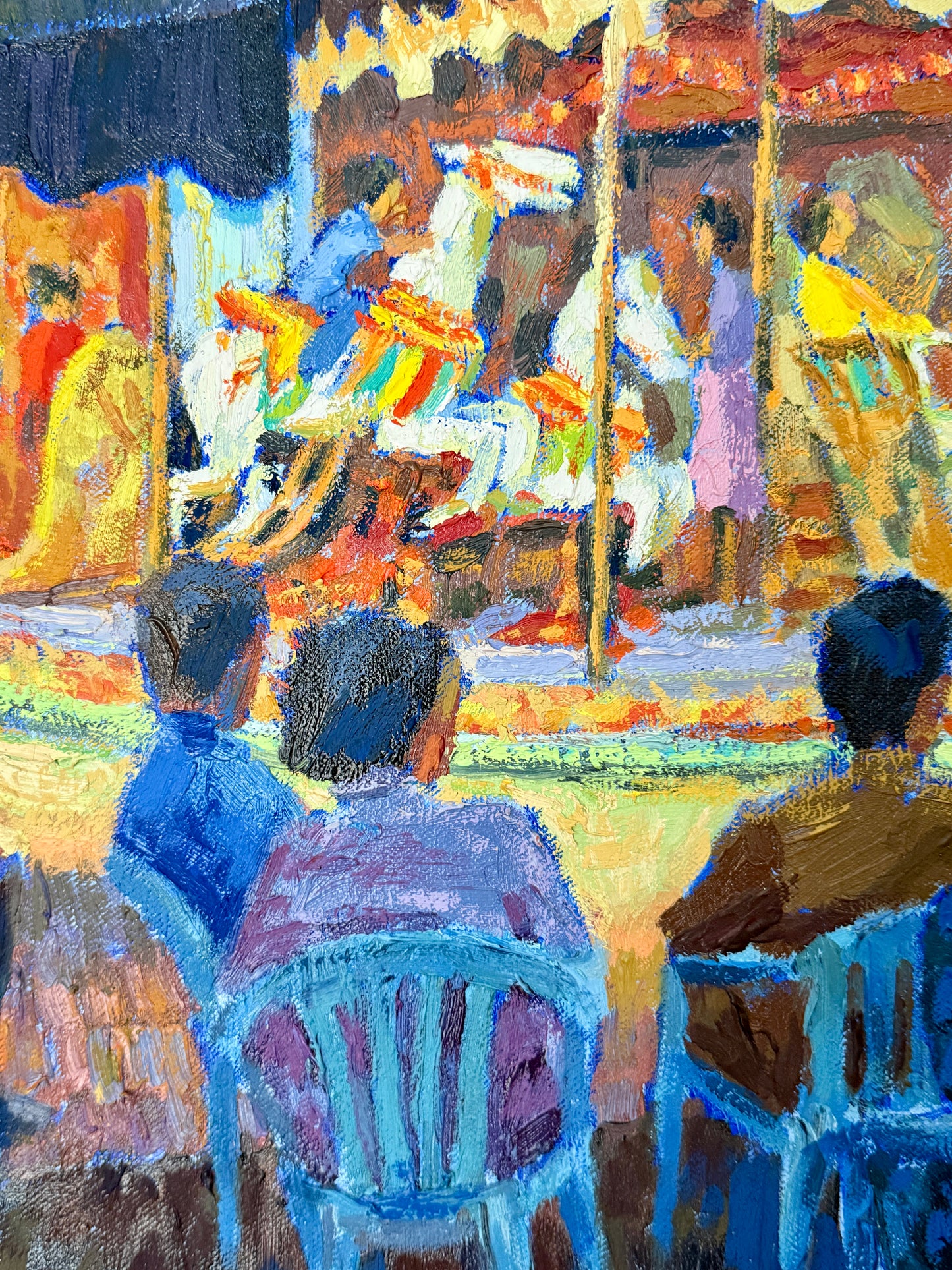 William Michaut La Fete Foraine French Carnival Carousel Scene Oil Painting in Gold Frame