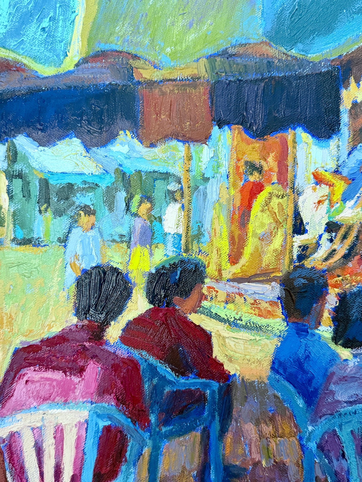 William Michaut La Fete Foraine French Carnival Carousel Scene Oil Painting in Gold Frame