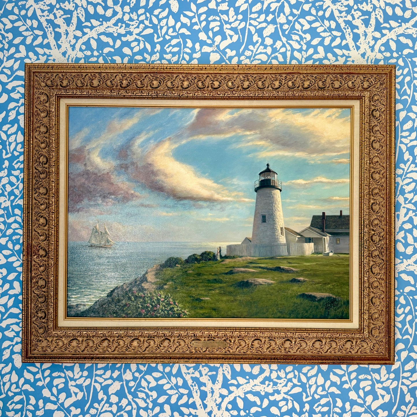 Frank Morton Pemaquid Point Lighthouse, Bristol, ME Oil Painting in Ornate Gold Frame