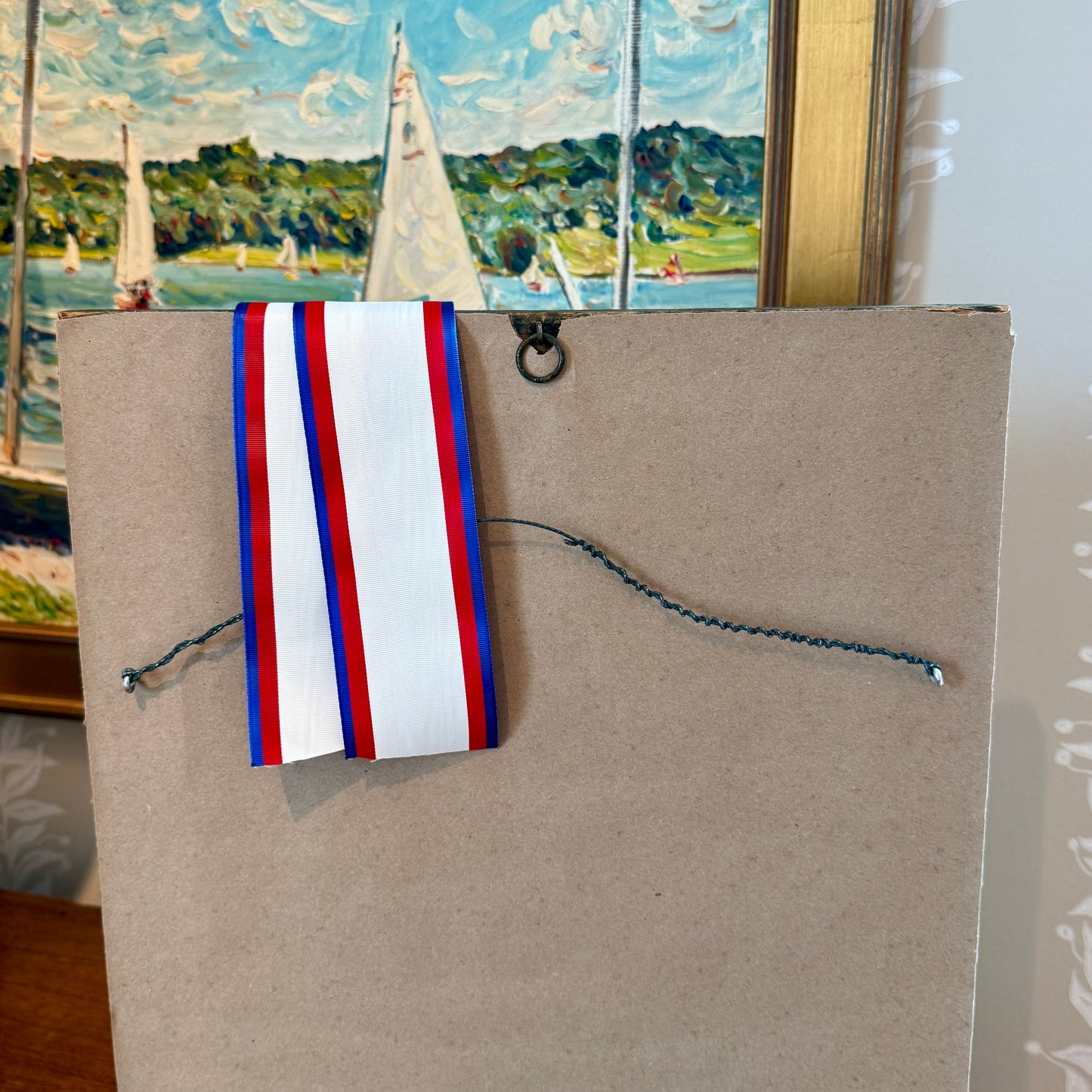Vintage 48 Star American Flag Vertically Hung on Ivory Twill in Navy Chambray in Antique Gilded Frame