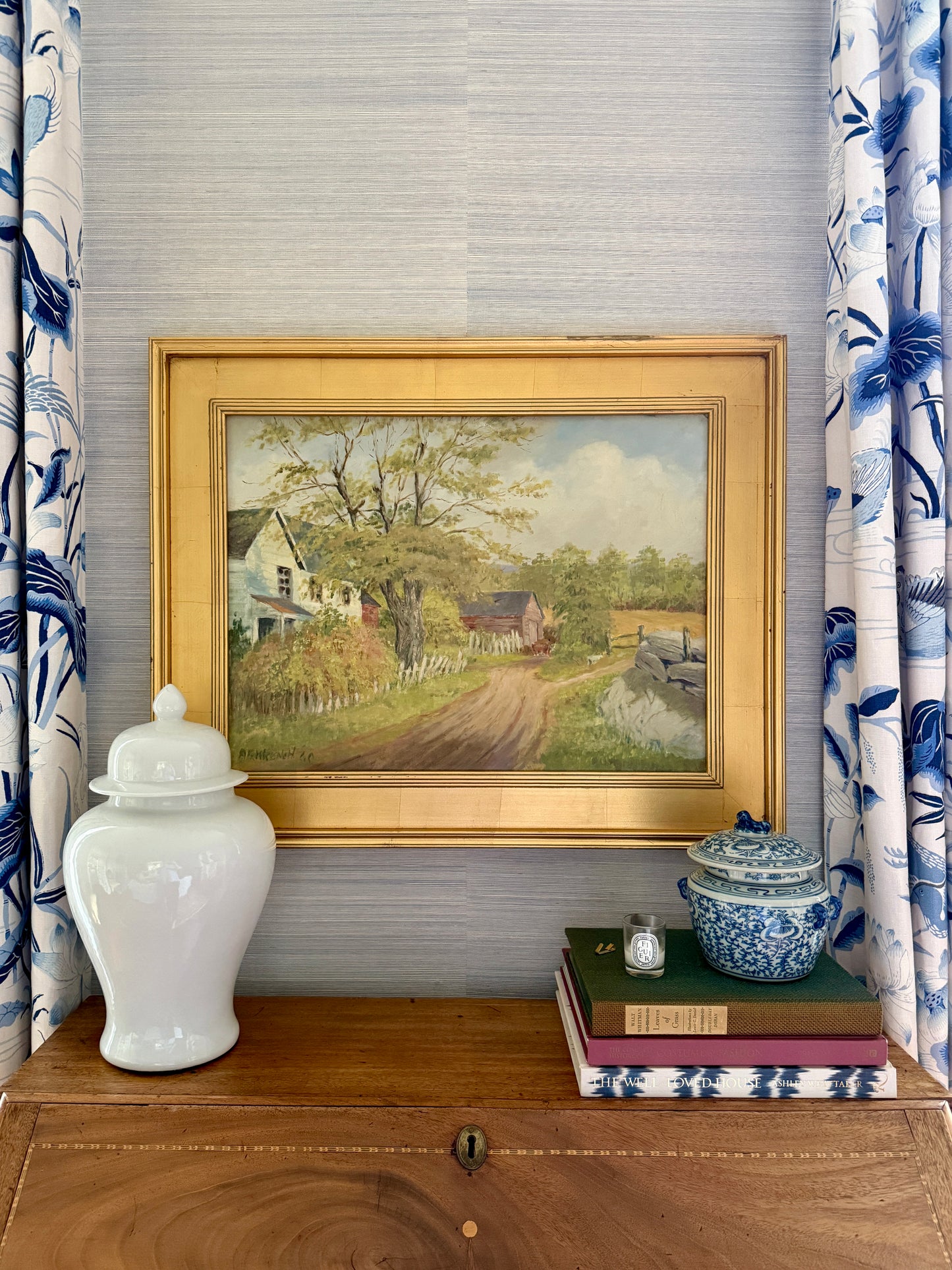 Vintage Blue Skied Country Landscape with White Farmhouse in Gold Frame