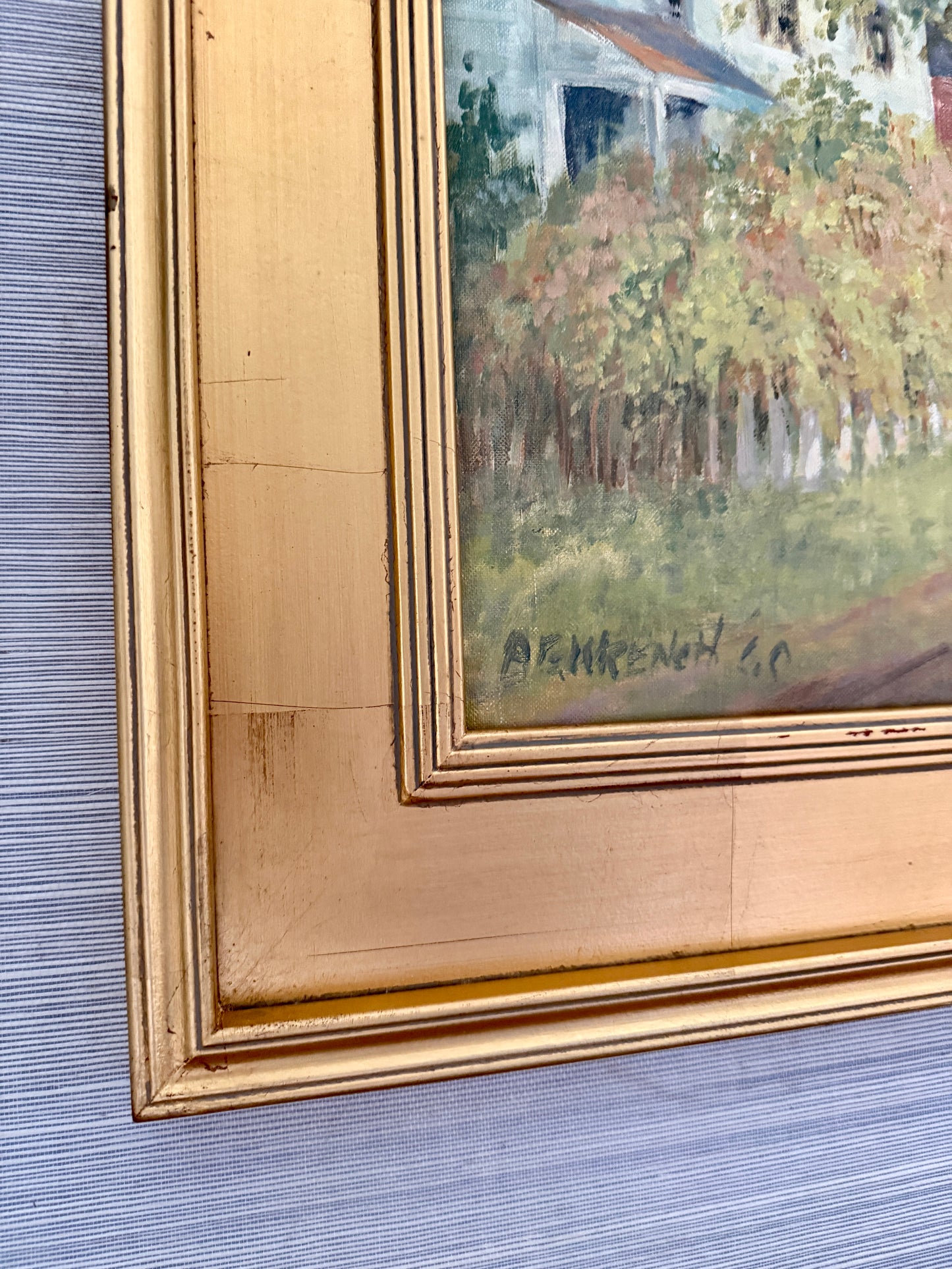 Vintage Blue Skied Country Landscape with White Farmhouse in Gold Frame