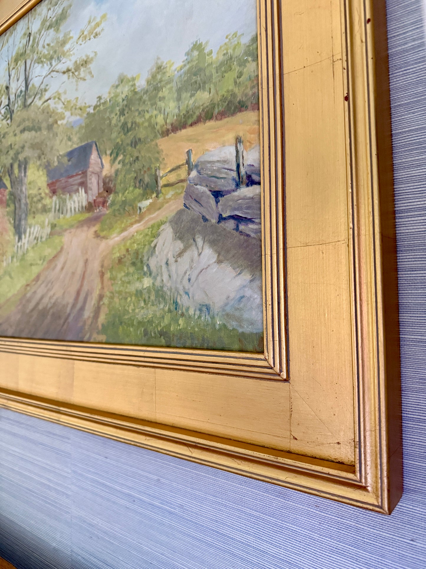 Vintage Blue Skied Country Landscape with White Farmhouse in Gold Frame