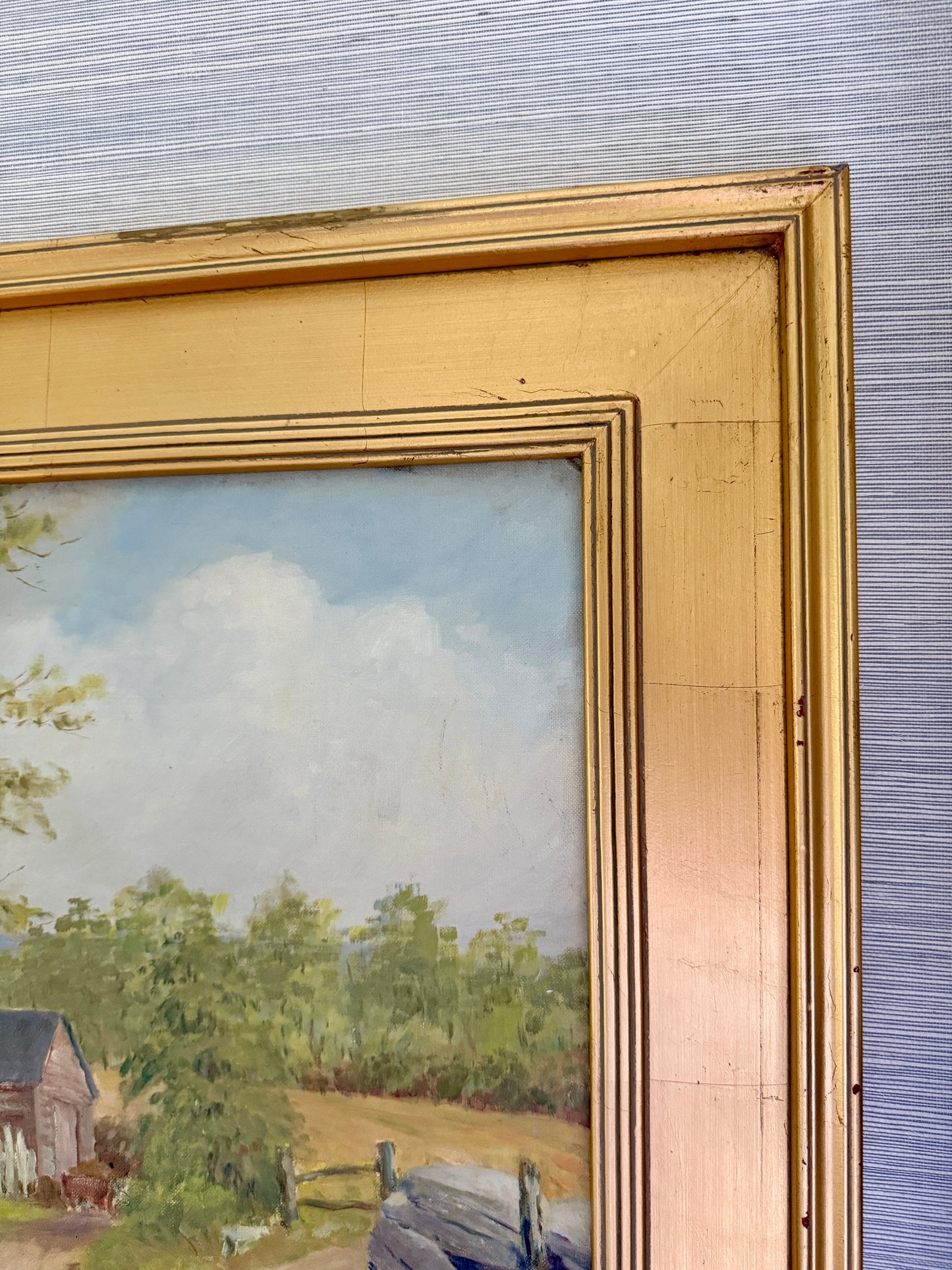 Vintage Blue Skied Country Landscape with White Farmhouse in Gold Frame