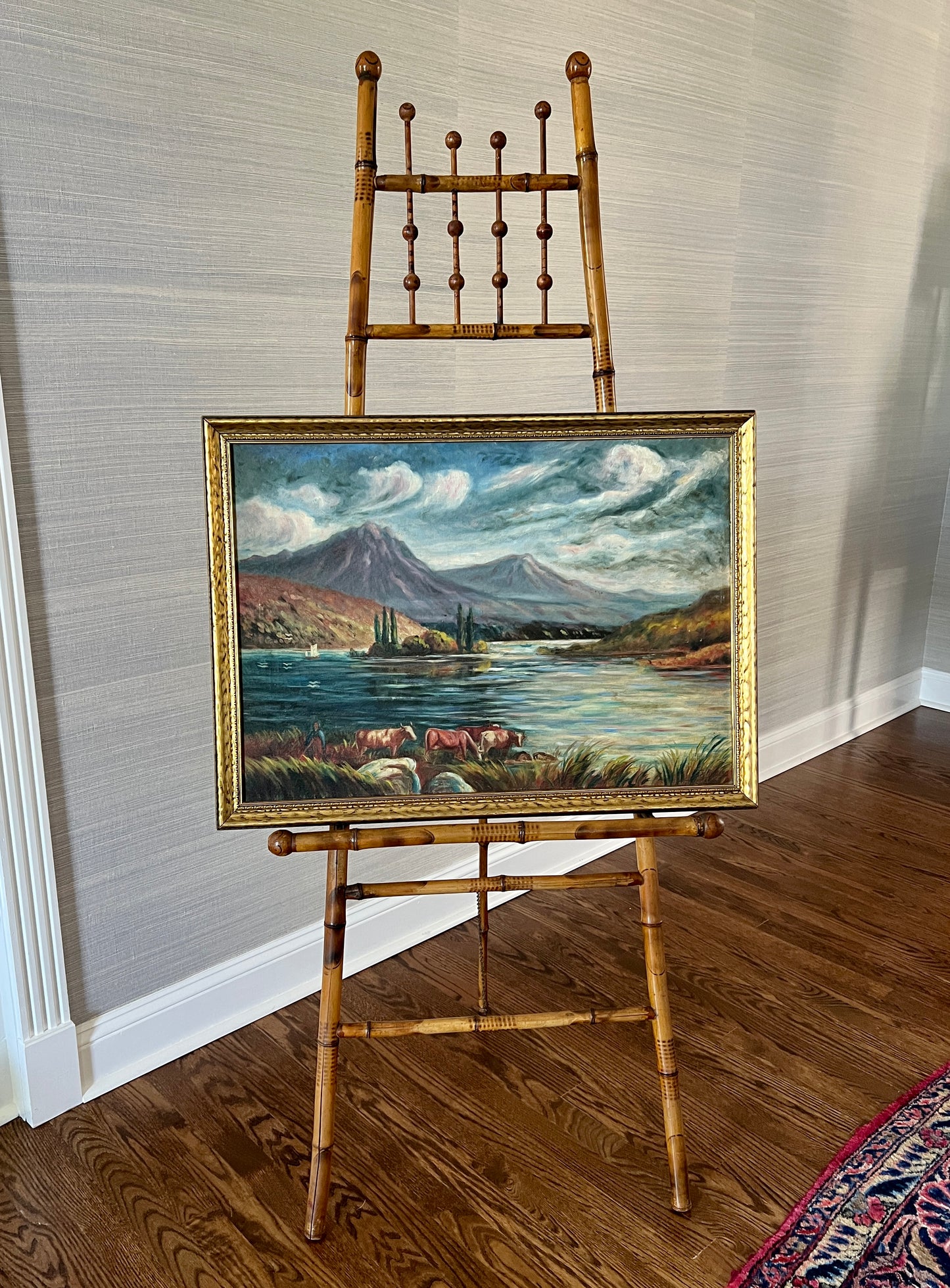 Mid Century European Coastal Mountain Landscape with Cows Oil Painting in Gold Frame