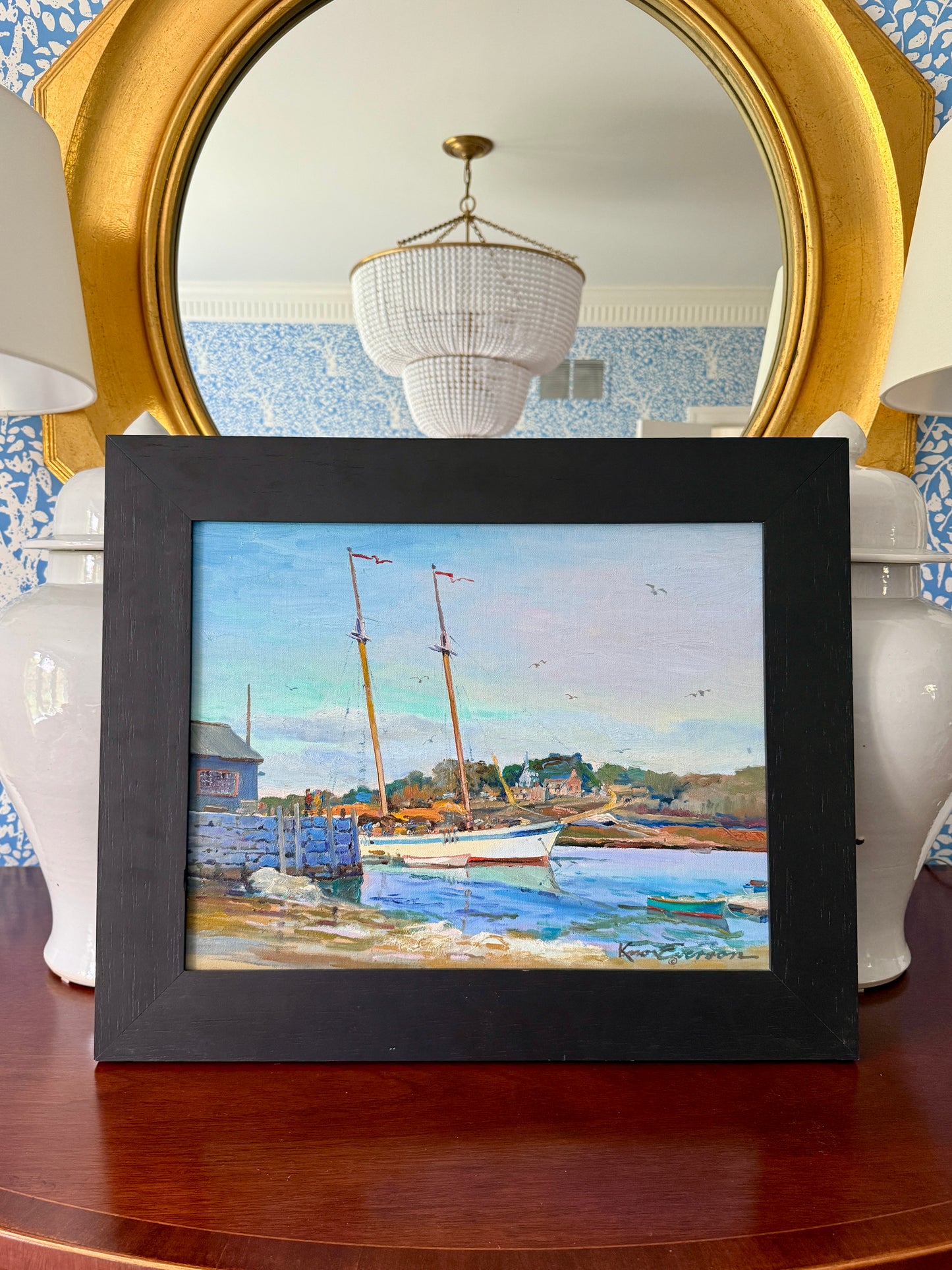 Knox Everson A Little South of Camden Golden Hour Harborscape Oil Painting in Black Frame