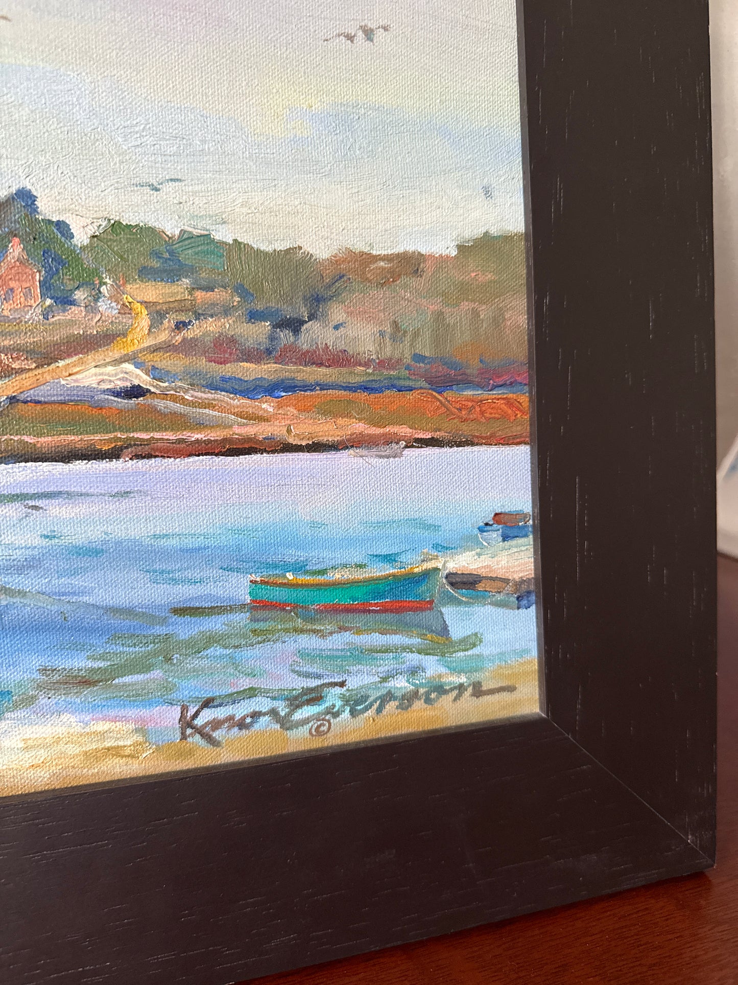 Knox Everson A Little South of Camden Golden Hour Harborscape Oil Painting in Black Frame