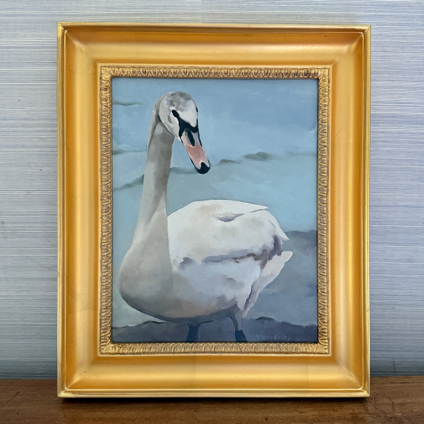 Lake Reverie Swan Portrait Oil Painting in Gold Frame