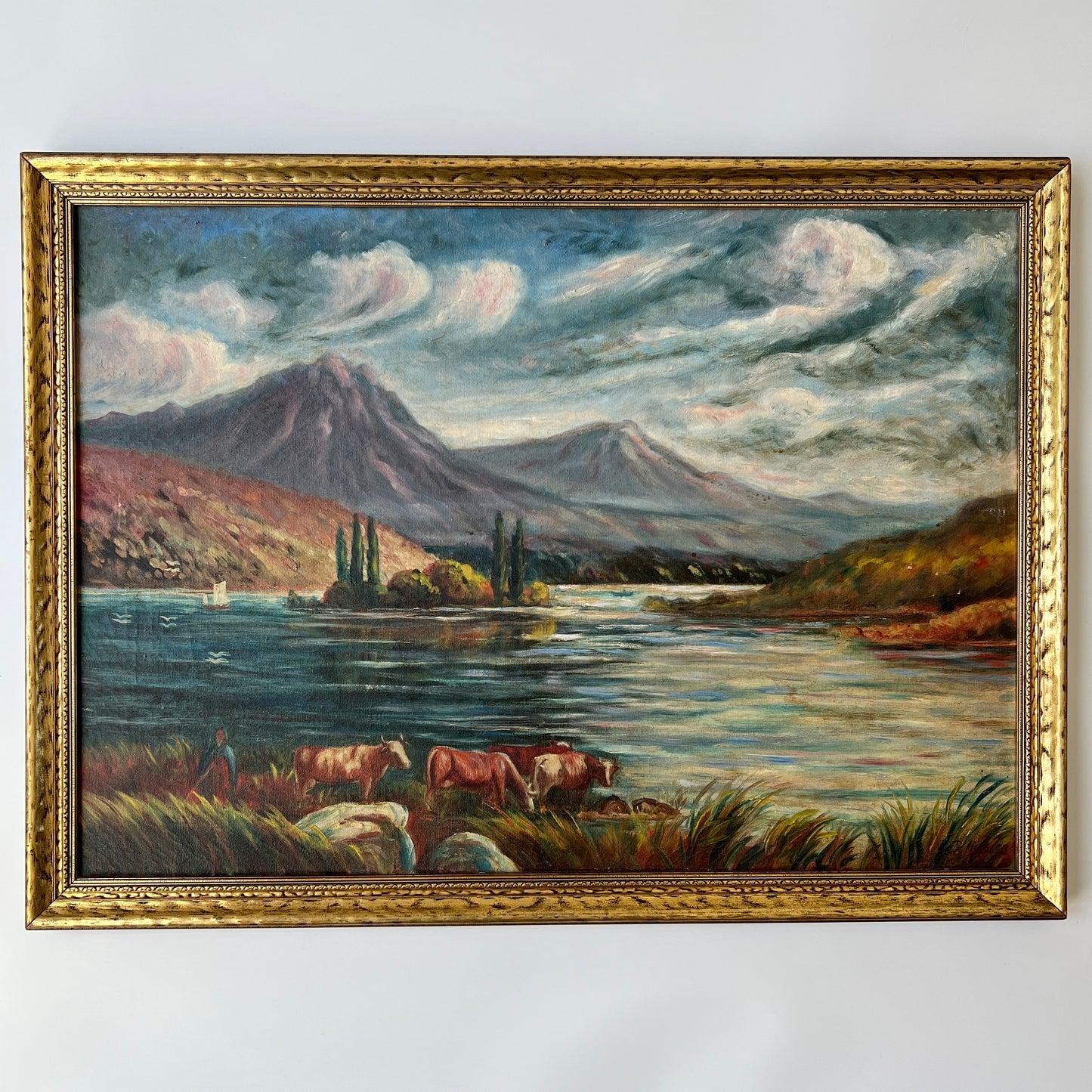 Mid Century European Coastal Mountain Landscape with Cows Oil Painting in Gold Frame