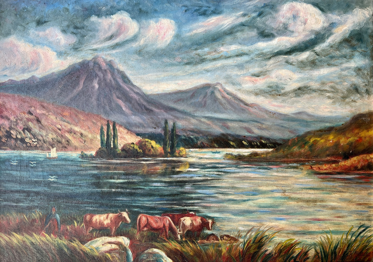 Mid Century European Coastal Mountain Landscape with Cows Oil Painting in Gold Frame
