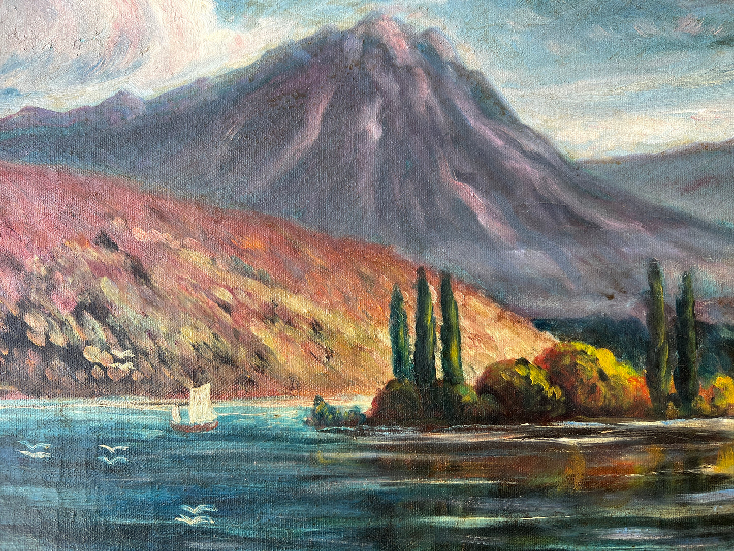 Mid Century European Coastal Mountain Landscape with Cows Oil Painting in Gold Frame