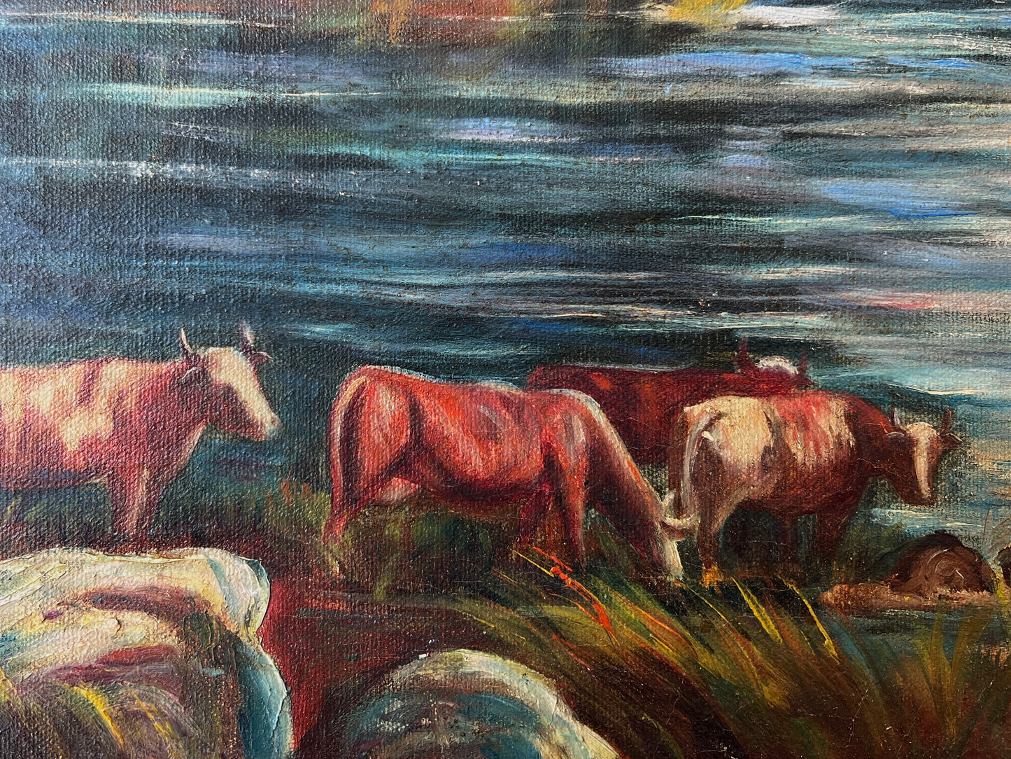Mid Century European Coastal Mountain Landscape with Cows Oil Painting in Gold Frame