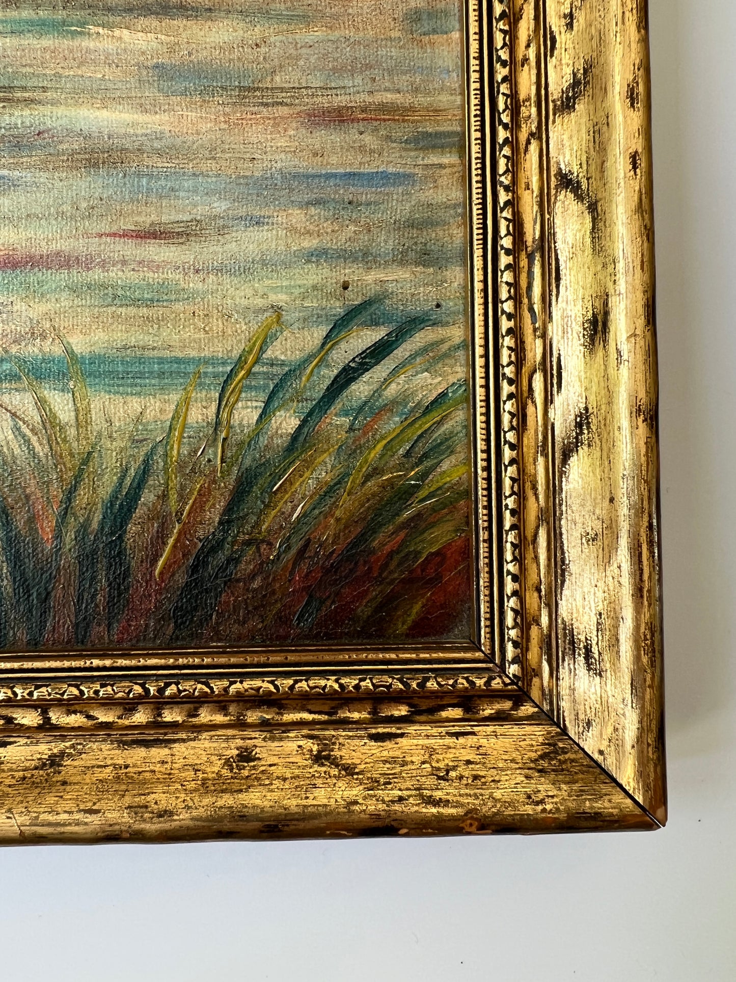 Mid Century European Coastal Mountain Landscape with Cows Oil Painting in Gold Frame