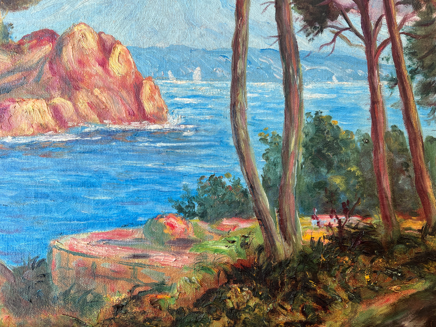 Mid Century European Coastal Landscape with Sailboats Oil Painting in Gold Frame