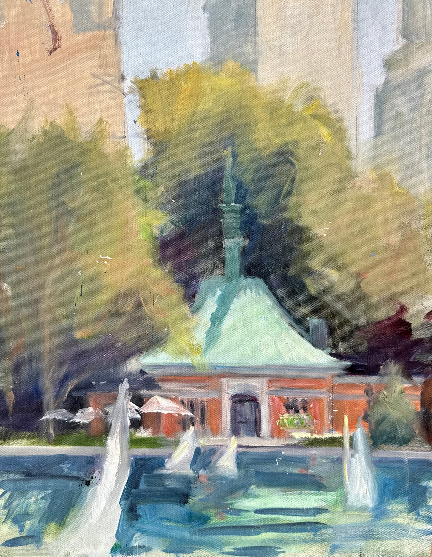 Central Park Kerbs Boathouse Model Yachts Oil Painting Study in Gold Frame