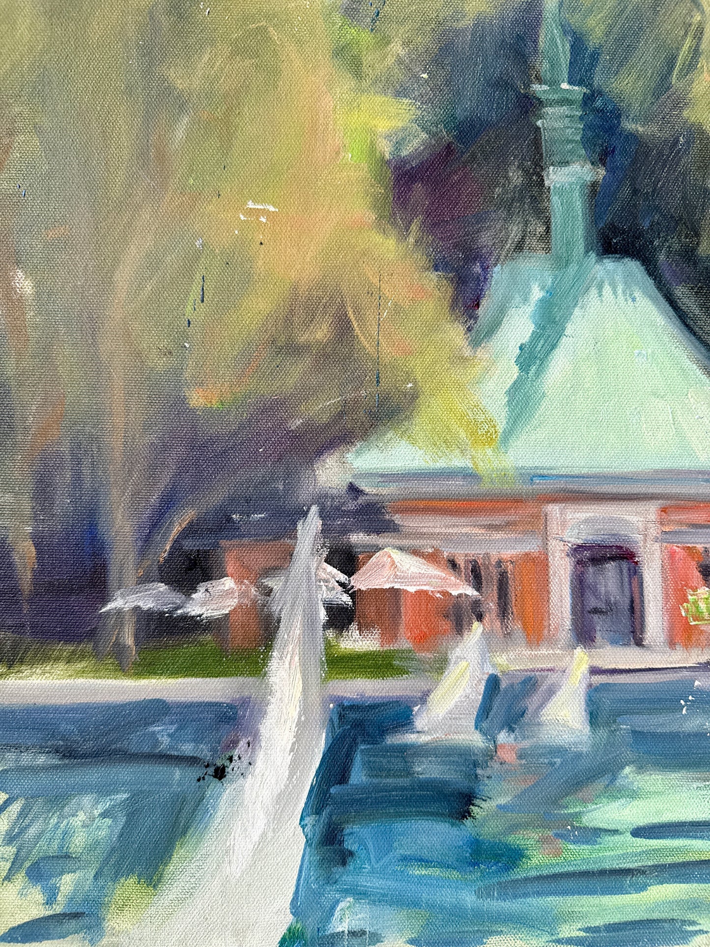 Central Park Kerbs Boathouse Model Yachts Oil Painting Study in Gold Frame