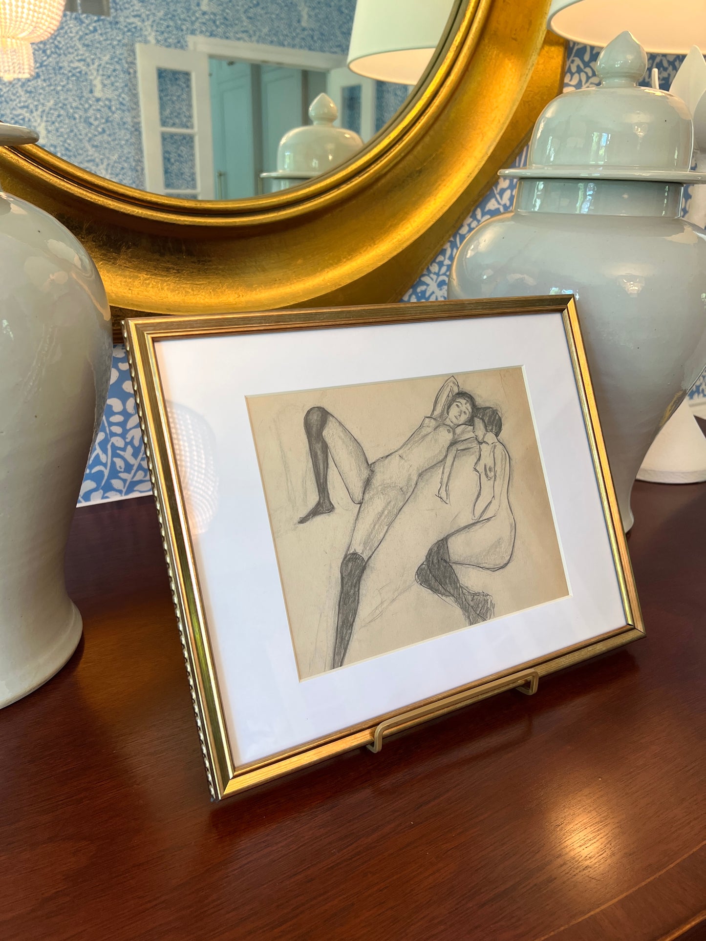 1920s Art Deco Female Nudes Reclining Portrait Drawing in Gold Frame
