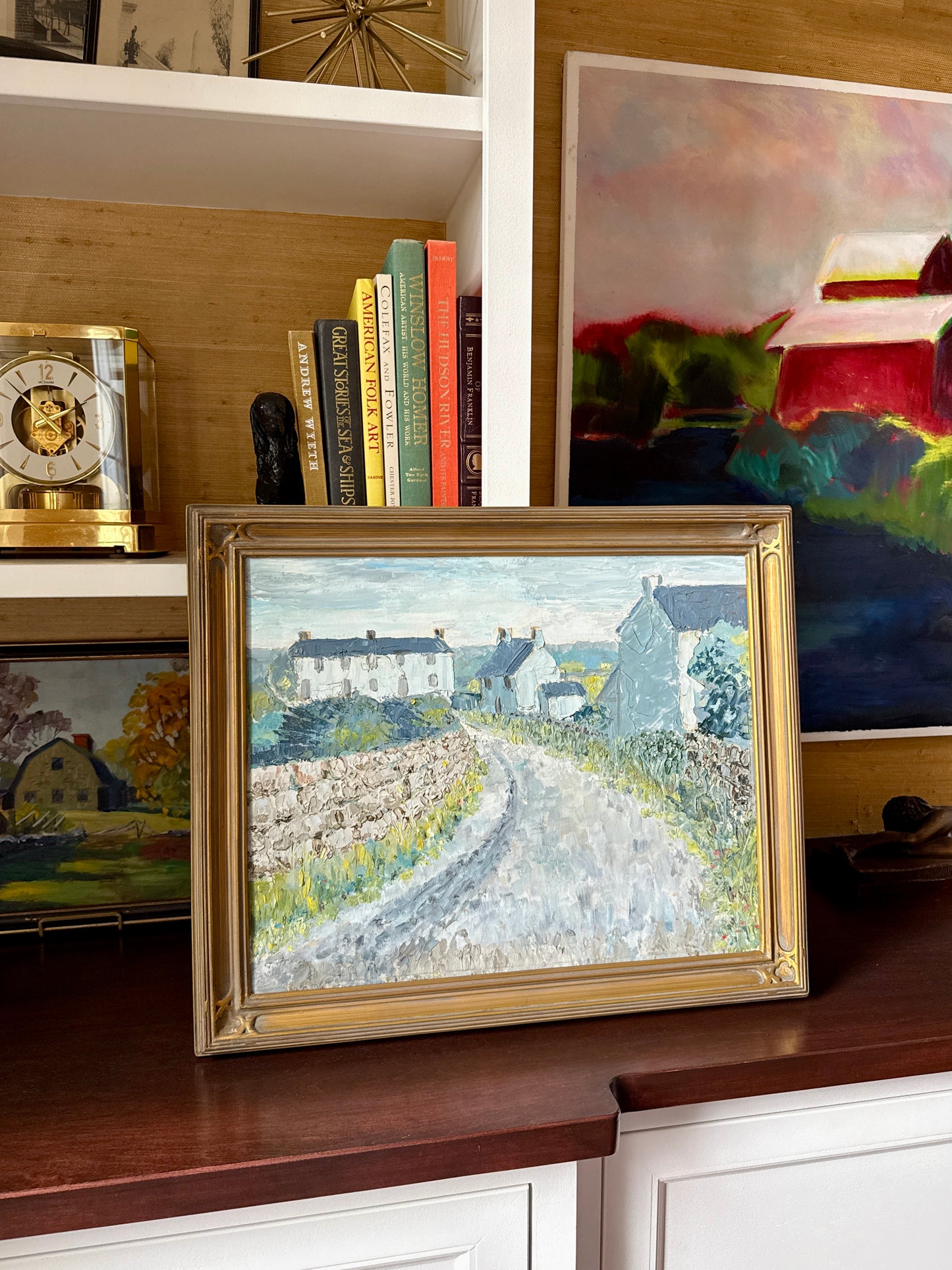 Vintage English Countryside Blue Green Landscape Oil Painting in Celtic Gold Frame
